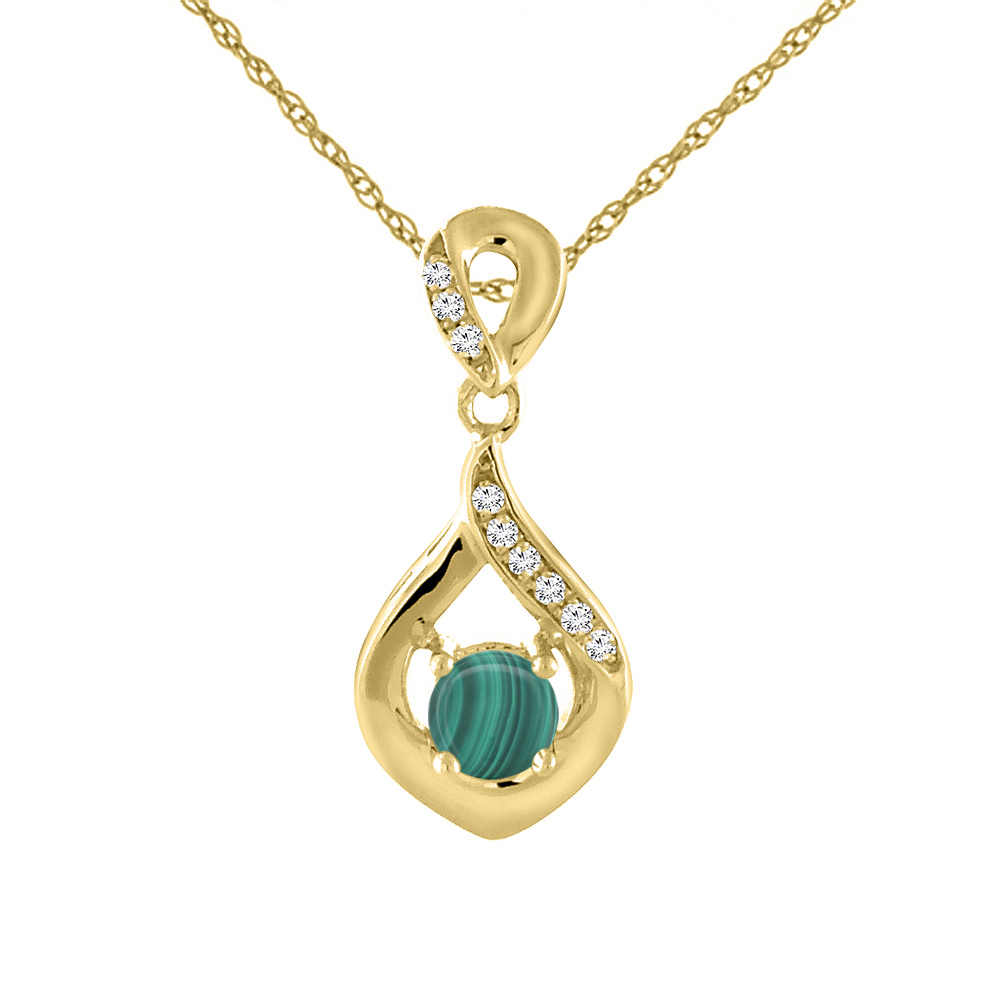 14K Yellow Gold Natural Malachite Necklace with Diamond Accents Round 4 mm