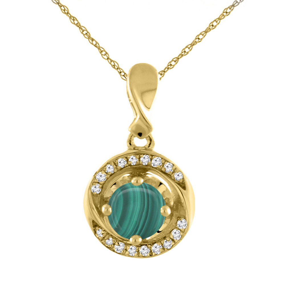 14K YELLOW GOLD NATURAL MALACHITE NECKLACE WITH DIAMOND ACCENTS ROUND 4 MM