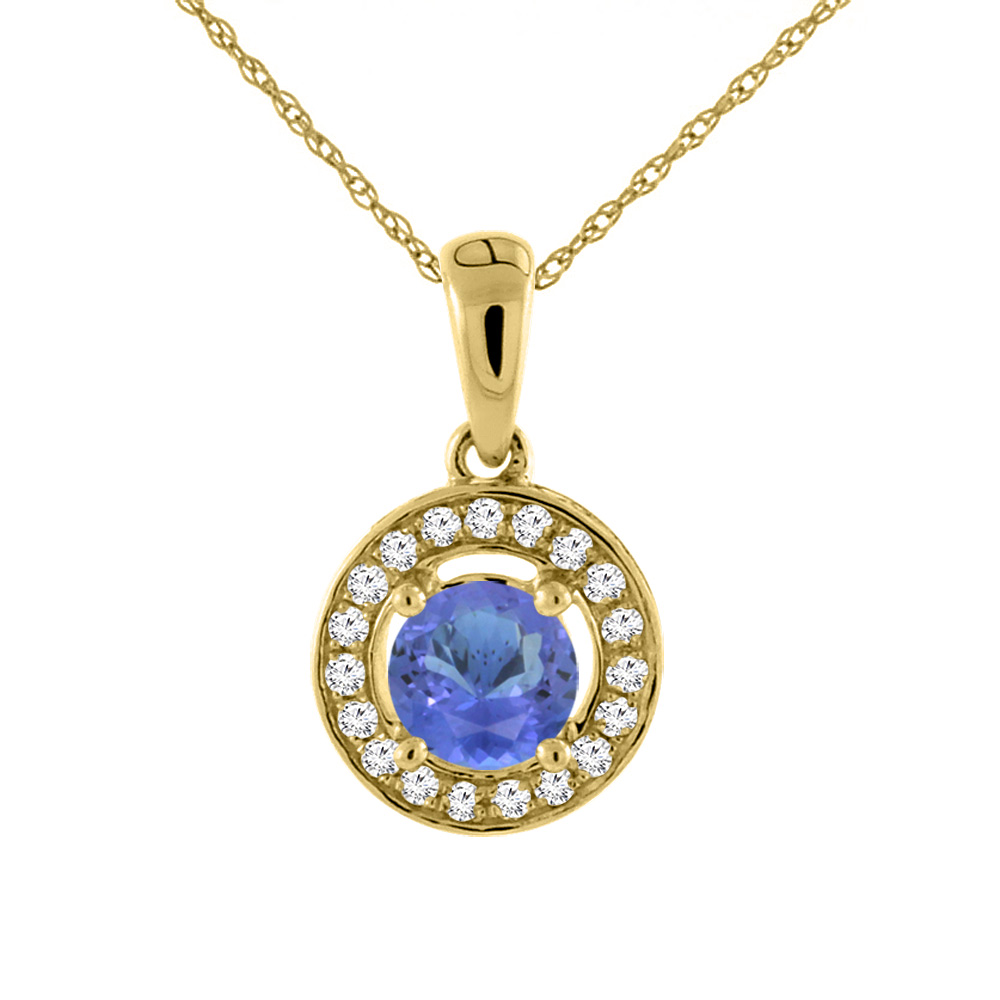 14K YELLOW GOLD NATURAL TANZANITE NECKLACE WITH DIAMOND HALO ROUND 5 MM