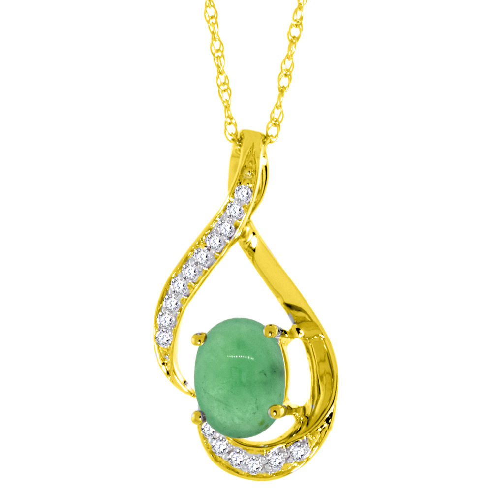 14K YELLOW GOLD DIAMOND NATURAL CABOCHON EMERALD NECKLACE OVAL 7X5 MM, 18 INCH LONG