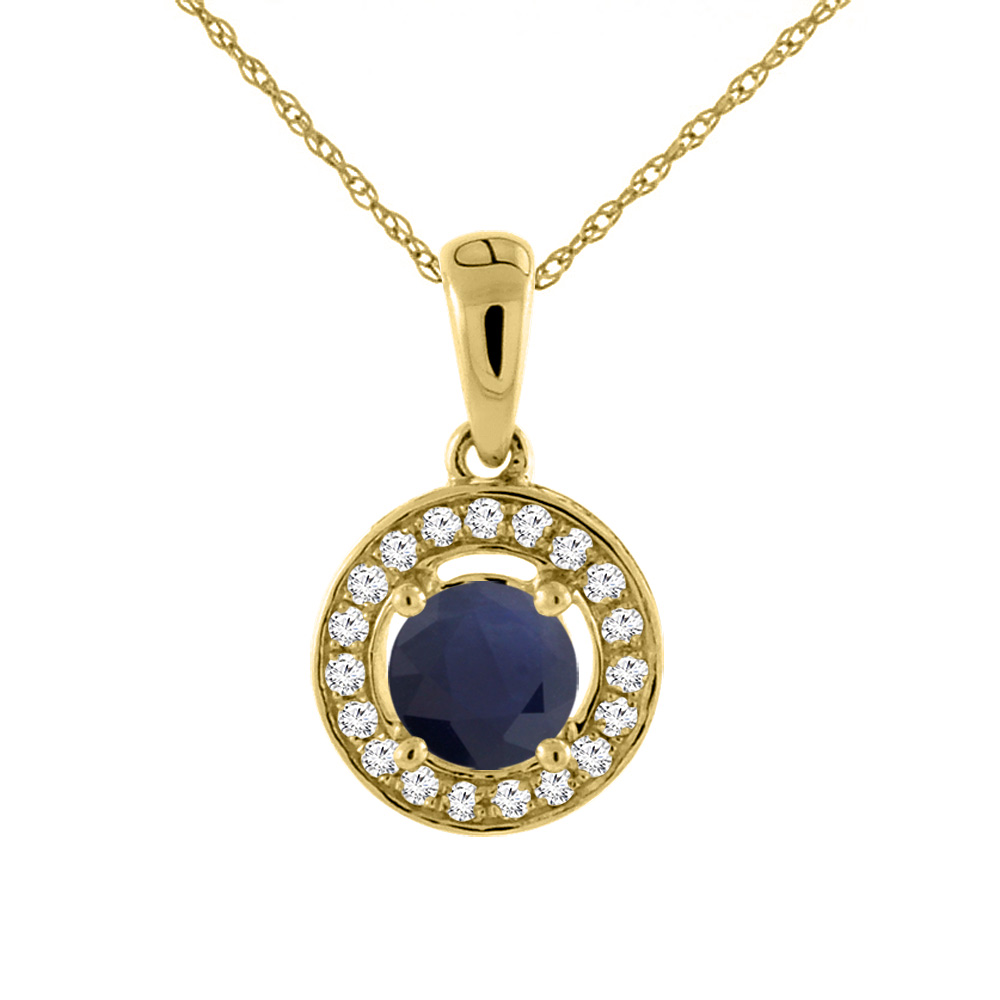 14K YELLOW GOLD NATURAL BLUE SAPPHIRE NECKLACE WITH DIAMOND HALO ROUND 5 MM