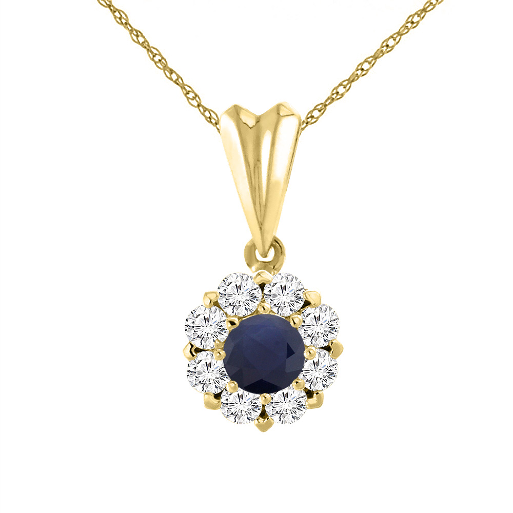 14K Yellow Gold Diamond Halo Natural Quality Blue Sapphire Necklace Round 4 mm