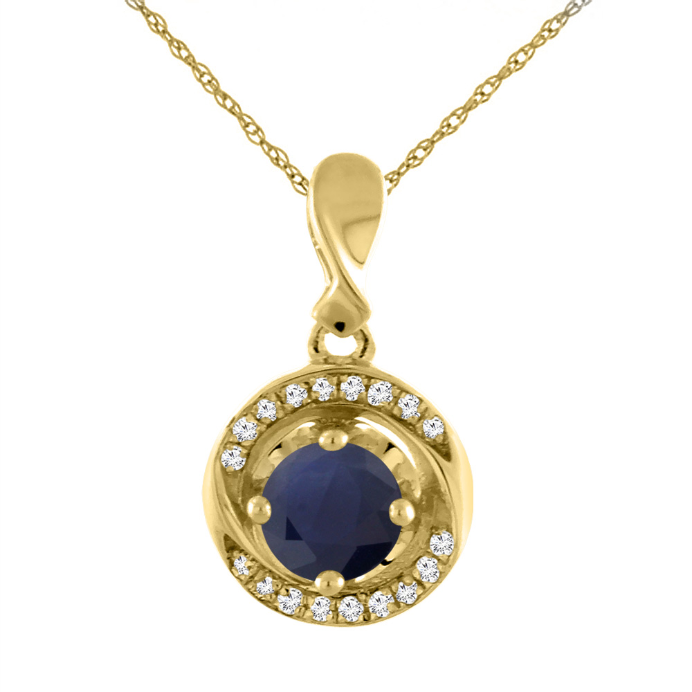 14K YELLOW GOLD DIAMOND NATURAL QUALITY BLUE SAPPHIRE NECKLACE ROUND 4 MM