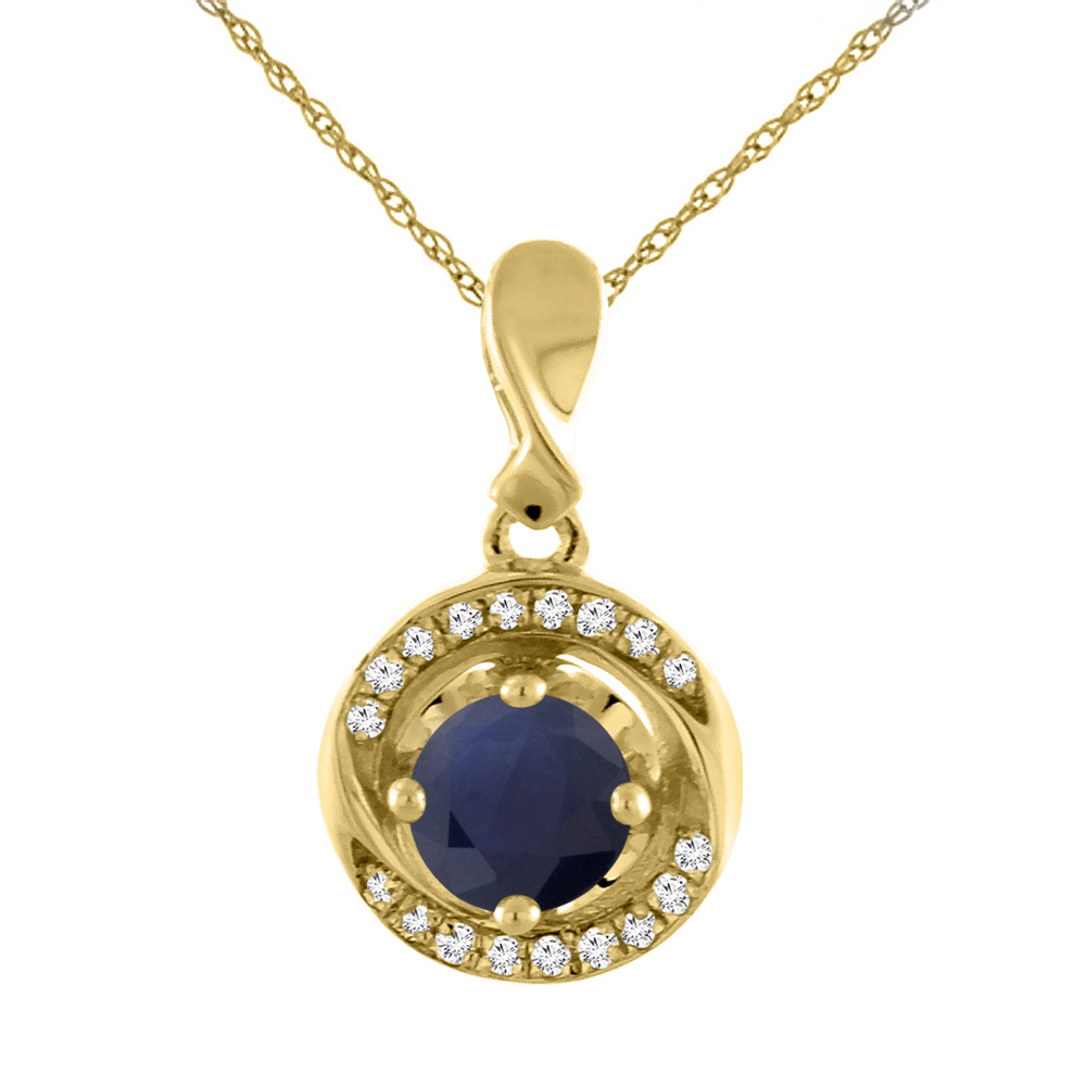 14K Yellow Gold Diamond Natural Quality Blue Sapphire Necklace Round 4 mm