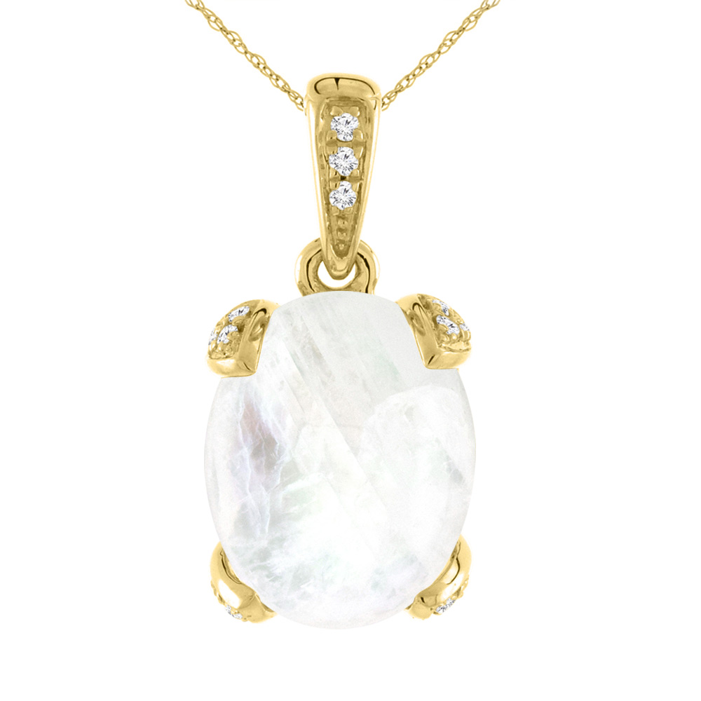 14K YELLOW GOLD NATURAL RAINBOW MOONSTONE NECKLACE OVAL 10X8 MM WITH DIAMOND ACCENTS