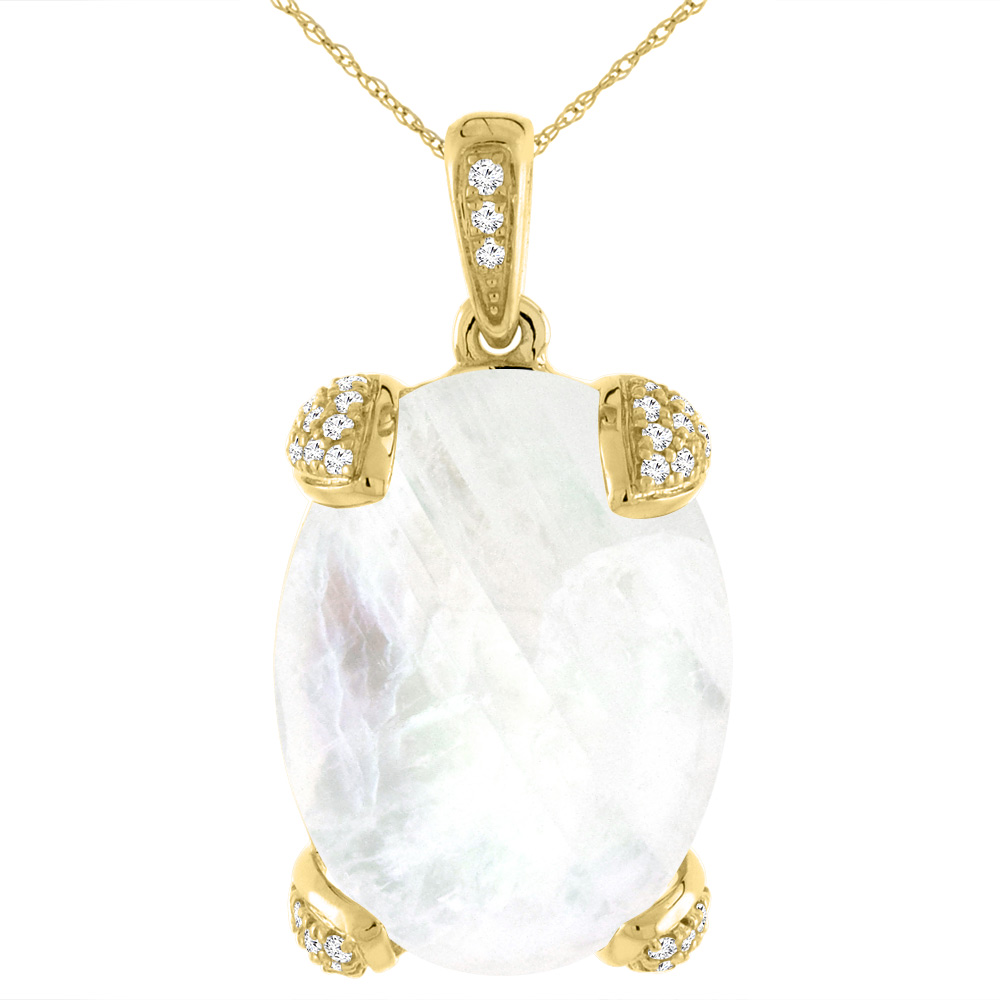 14K YELLOW GOLD NATURAL RAINBOW MOONSTONE NECKLACE OVAL 18X13 MM WITH DIAMOND ACCENTS