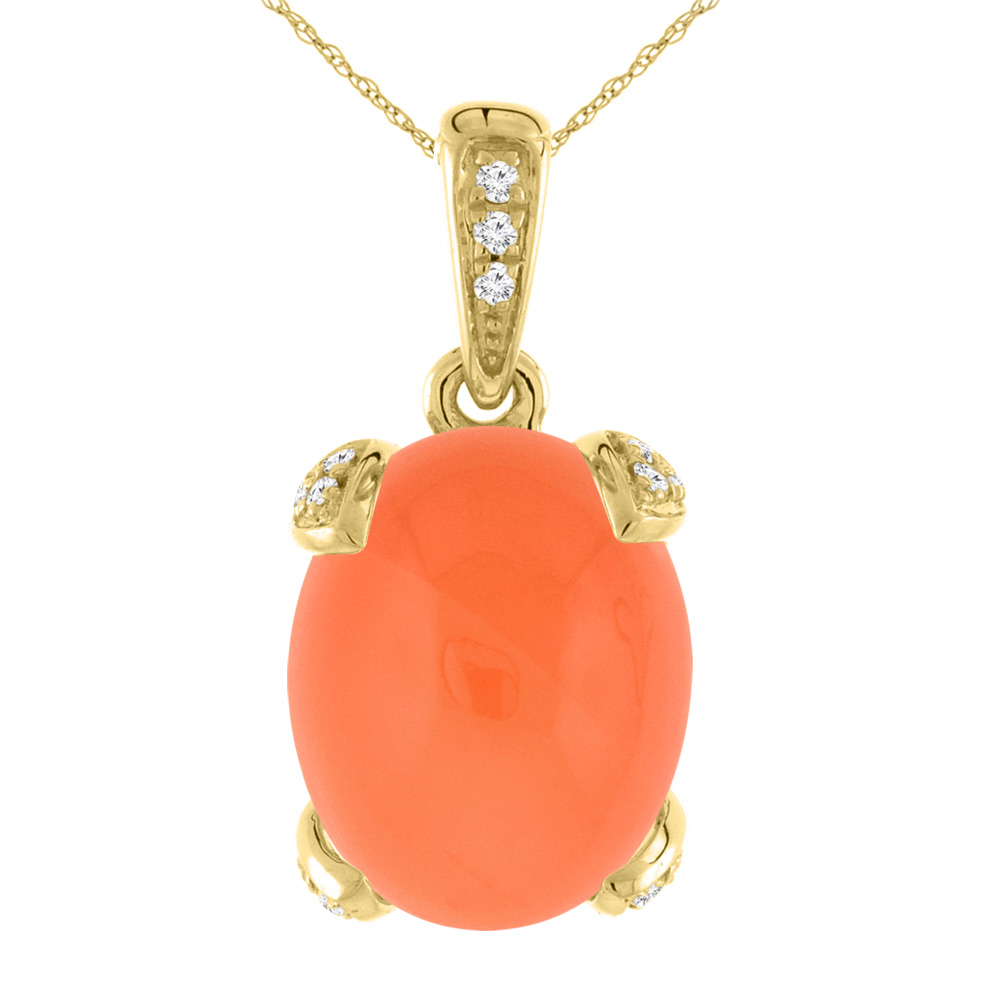 14K YELLOW GOLD NATURAL ORANGE MOONSTONE NECKLACE OVAL 11X9 MM WITH DIAMOND ACCENTS