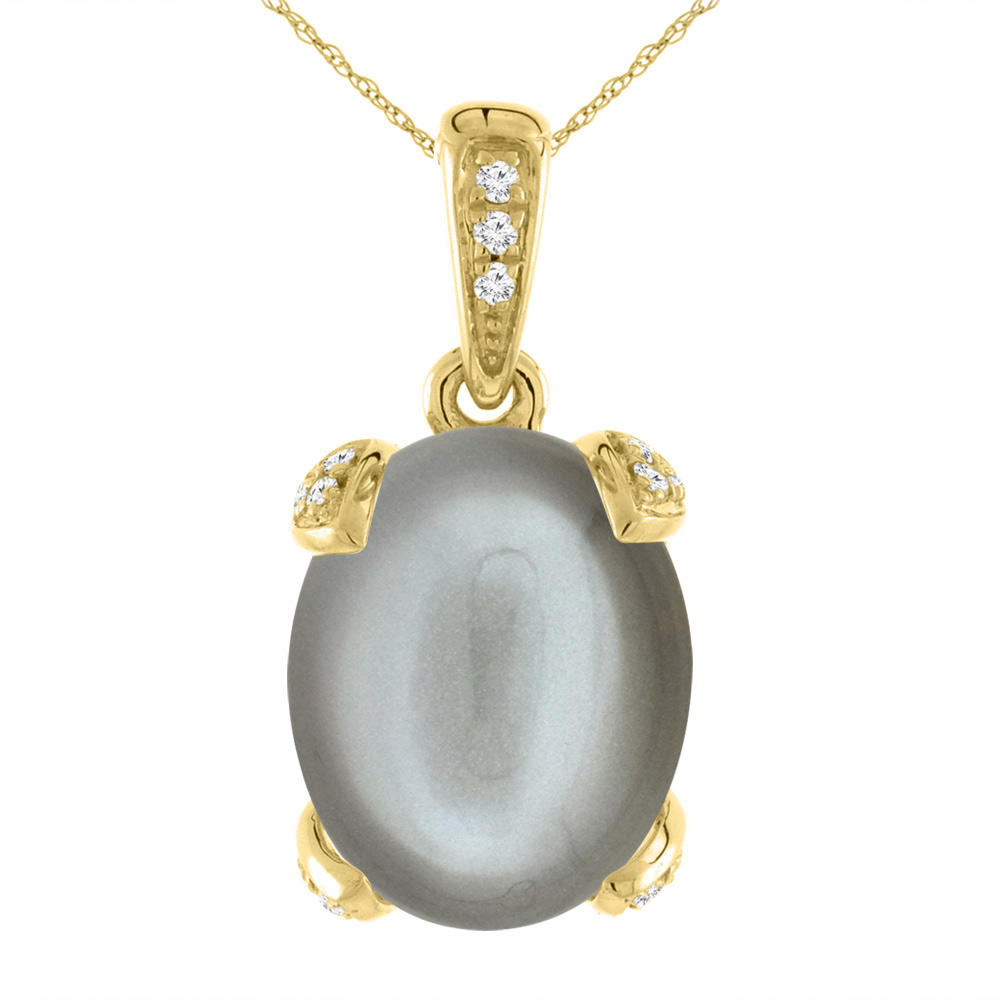 14K YELLOW GOLD NATURAL GRAY MOONSTONE NECKLACE OVAL 11X9 MM WITH DIAMOND ACCENTS