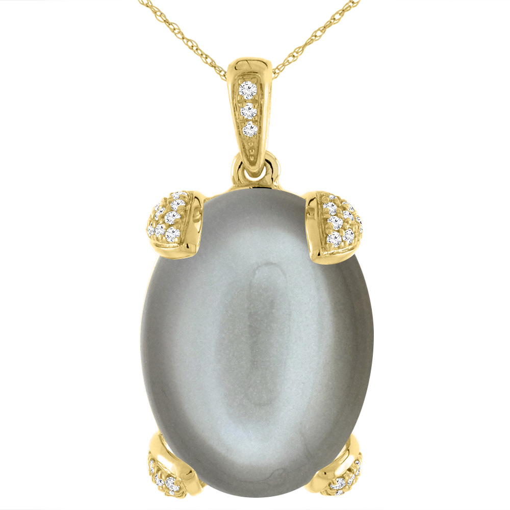 14K YELLOW GOLD NATURAL GRAY MOONSTONE NECKLACE OVAL 16X12 MM WITH DIAMOND ACCENTS