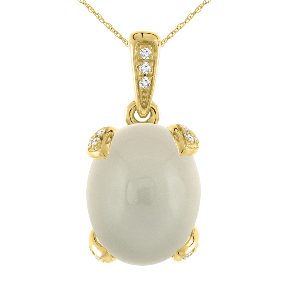 14K YELLOW GOLD NATURAL LIGHT GRAY MOONSTONE NECKLACE OVAL 10X8 MM WITH DIAMOND ACCENTS