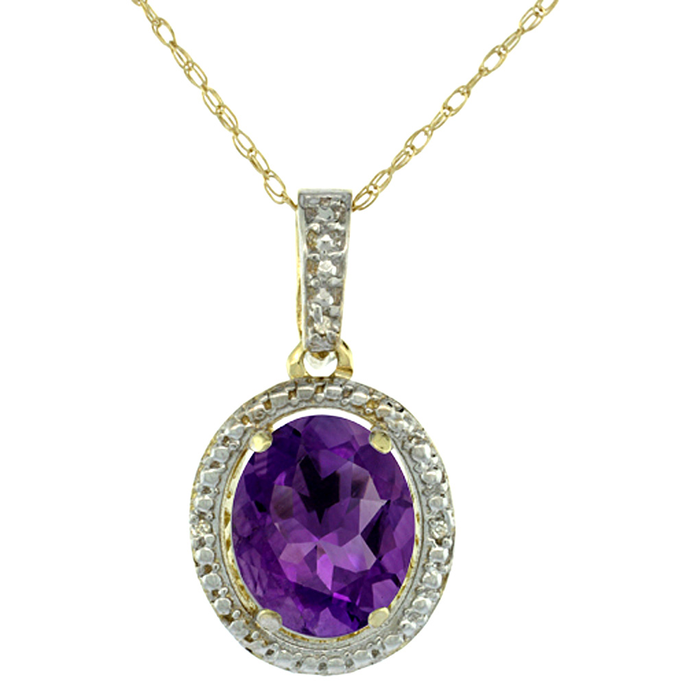 10K Yellow Gold 0.09 cttw Diamond Natural Amethyst Pendant Oval 10x8 mm