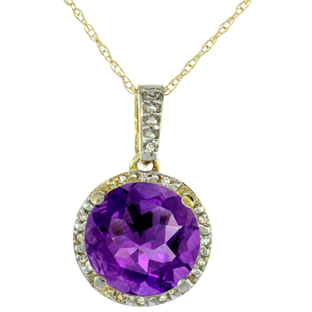 10K Yellow Gold 0.03 cttw Diamond Natural Amethyst Pendant Round 11x11 mm