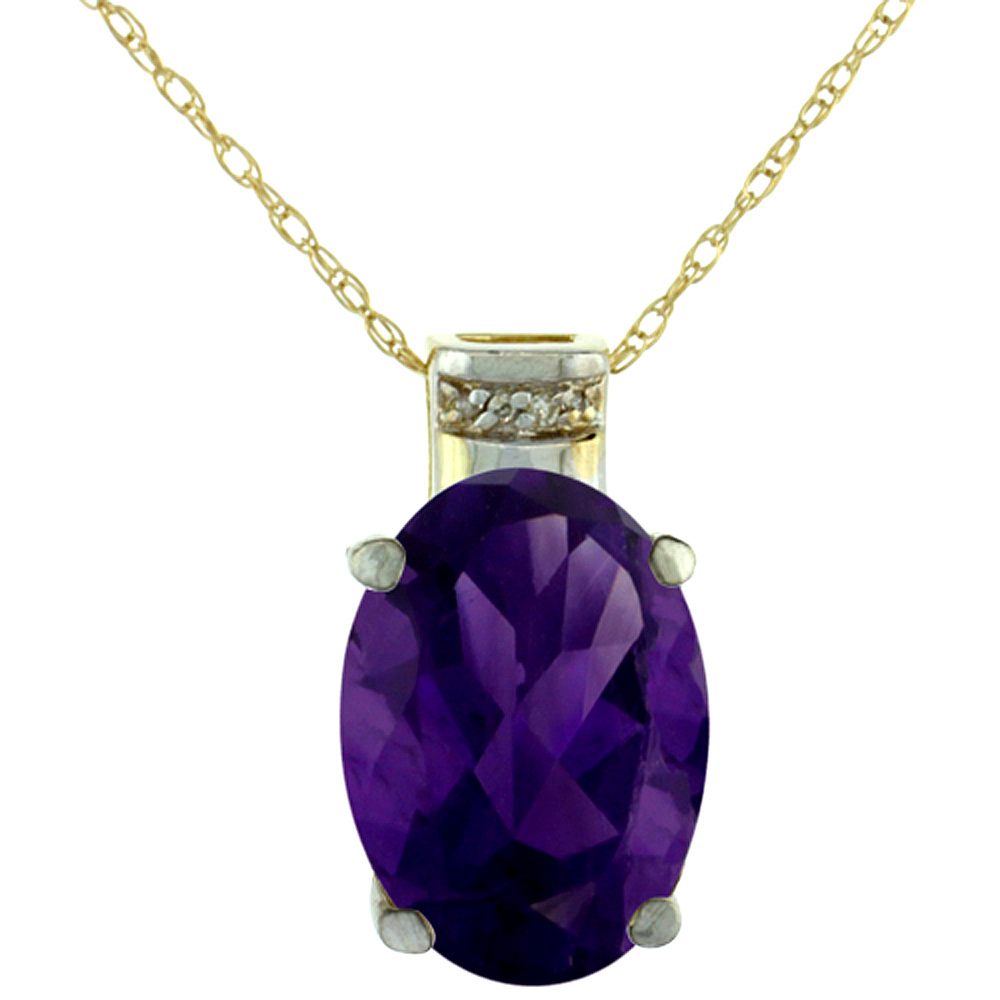 10K Yellow Gold Diamond Natural Amethyst Pendant Oval 14x10 mm