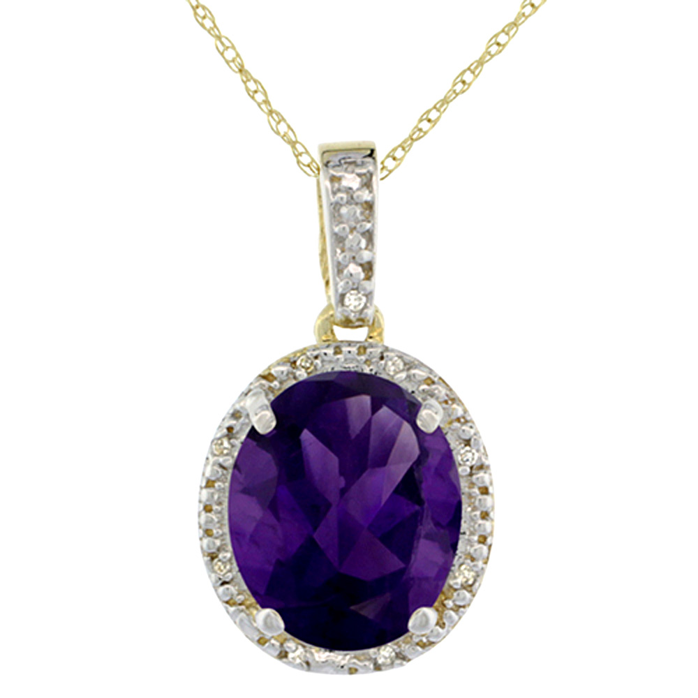 10K YELLOW GOLD DIAMOND HALO NATURAL AMETHYST NECKLACE OVAL 12X10 MM, 18 INCH LONG