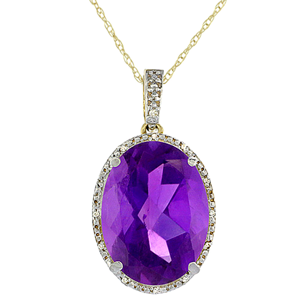 10K Yellow Gold Diamond Natural Amethyst Pendant Oval 18x13 mm