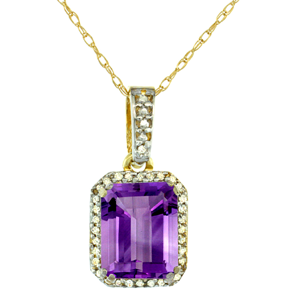 10K Yellow Gold Diamond Natural Amethyst Pendant Octagon 9x7 mm