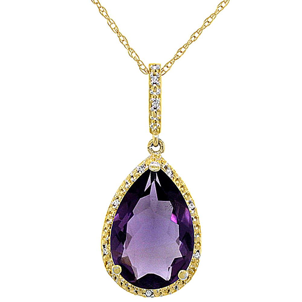 10K Yellow Gold Diamond Halo Natural Amethyst Necklace Pear Shaped 15x10 mm, 18 inch long