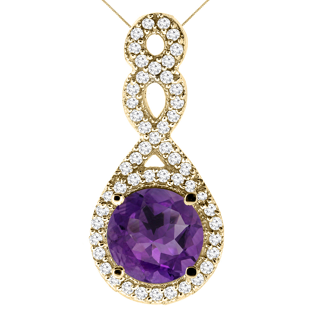 10K Yellow Gold Natural Amethyst Eternity Pendant Round 7x7mm with 18 inch Gold Chain