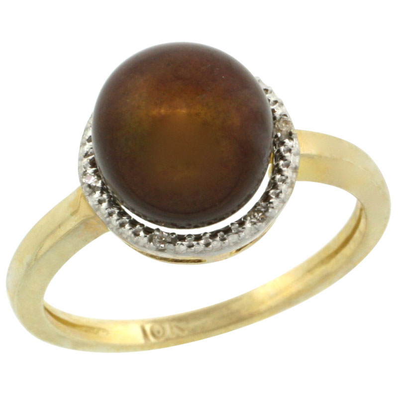 10k Gold Halo Engagement 8.5 mm Brown Pearl Ring w/ 0.022 Carat Brilliant Cut Diamonds, 7/16 in. (11mm) wide