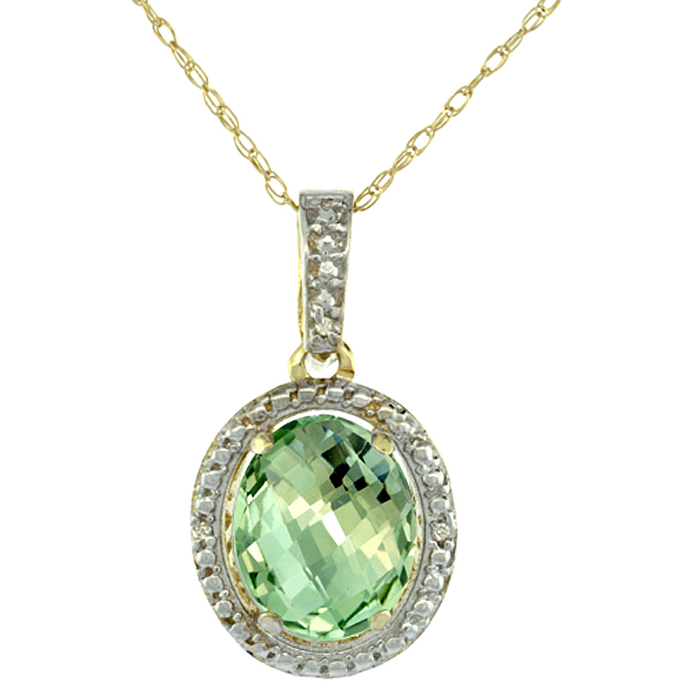 10K Yellow Gold 0.09 cttw Diamond Natural Green Amethyst Pendant Oval 10x8 mm