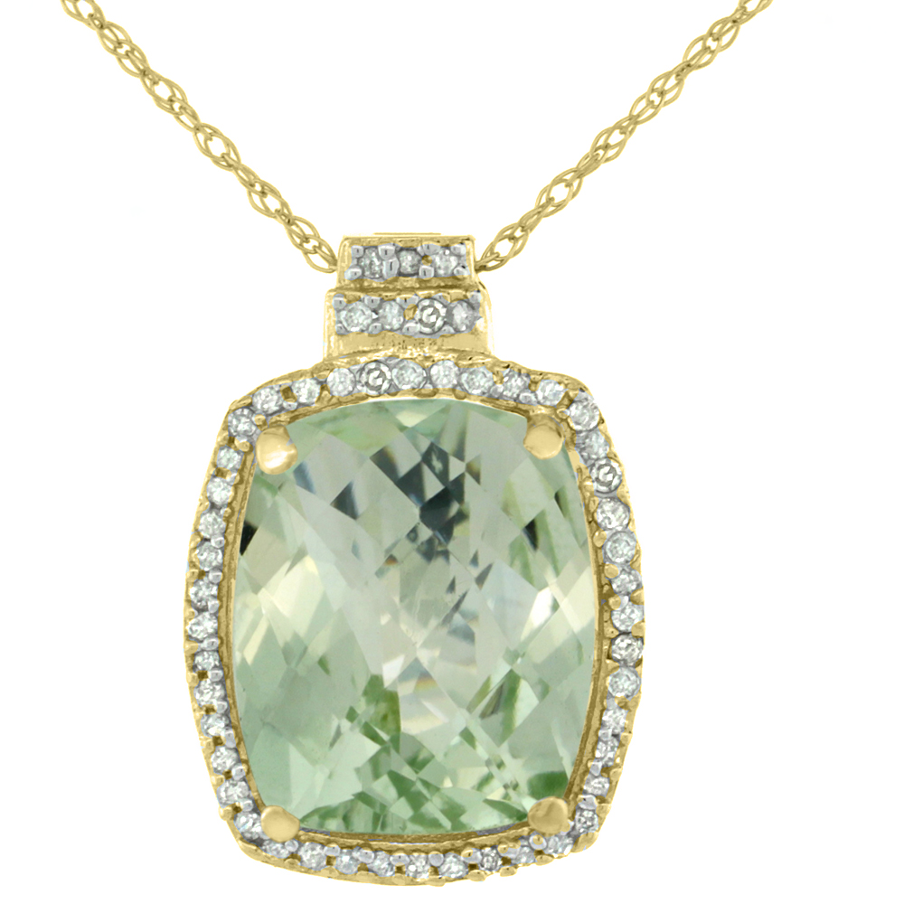 10K Yellow Gold 0.20 cttw Diamond Natural Green Amethyst Pendant Octagon Cushion 11x9 mm