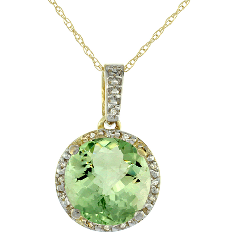 10K Yellow Gold 0.03 cttw Diamond Natural Green Amethyst Pendant Round 11x11 mm