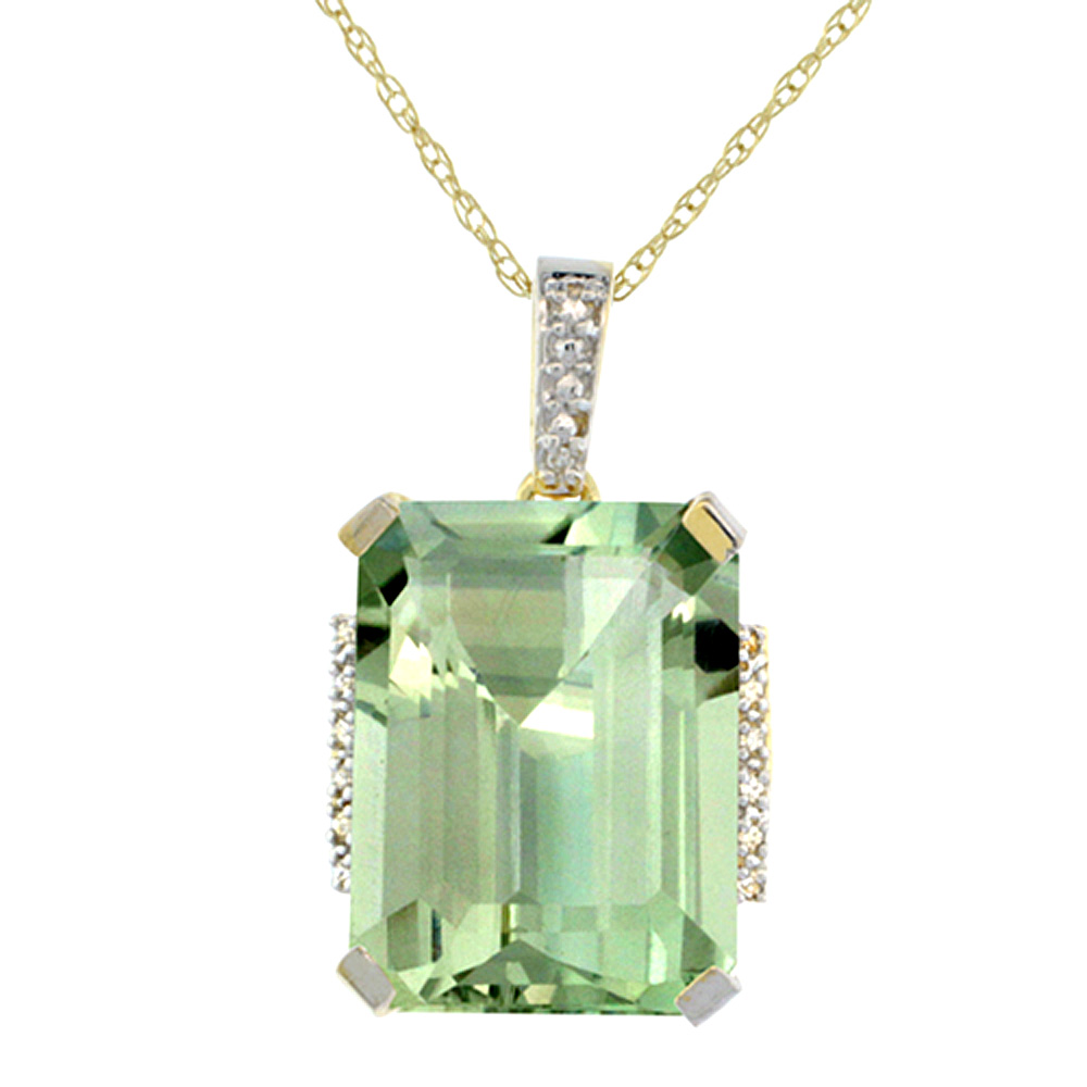 10K YELLOW GOLD NATURAL GREEN AMETHYST PENDANT OCTAGON 16X12 MM & DIAMOND ACCENTS