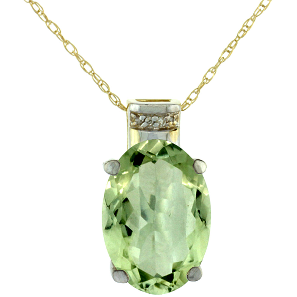 10K Yellow Gold Diamond Natural Green Amethyst Pendant Oval 14x10 mm