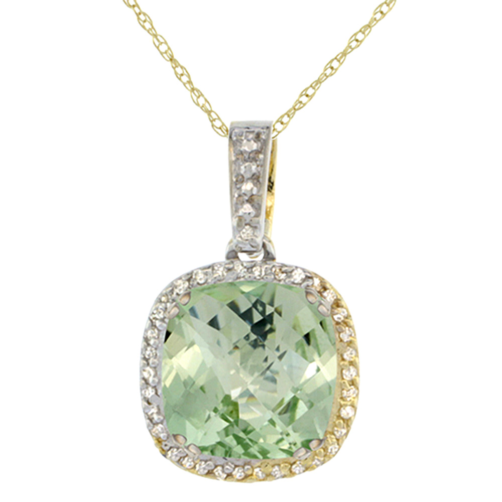 10K YELLOW GOLD DIAMOND HALO NATURAL GREEN AMETHYST NECKLACE CUSHION SHAPED 10X10MM, 18 INCH LONG