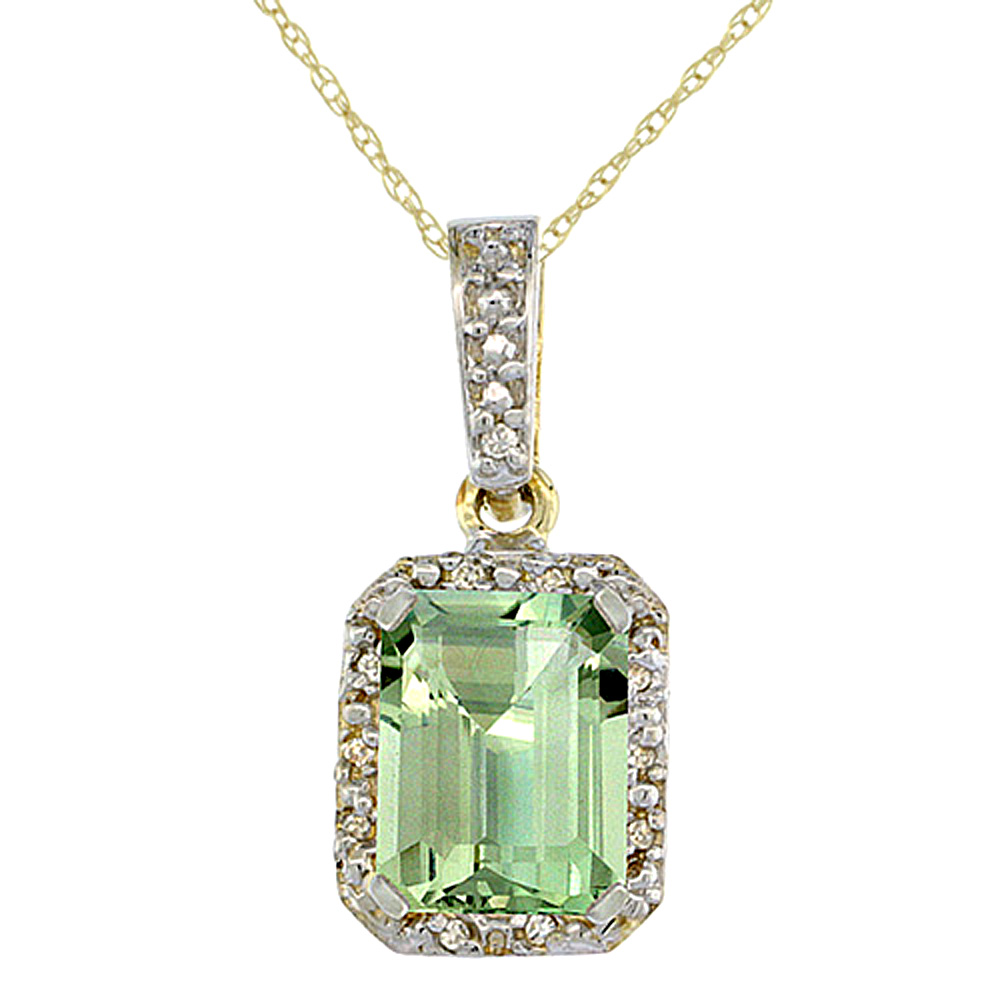 10K Yellow Gold Natural Green Amethyst Pendant Octagon 8x6 mm &amp; Diamond Accents