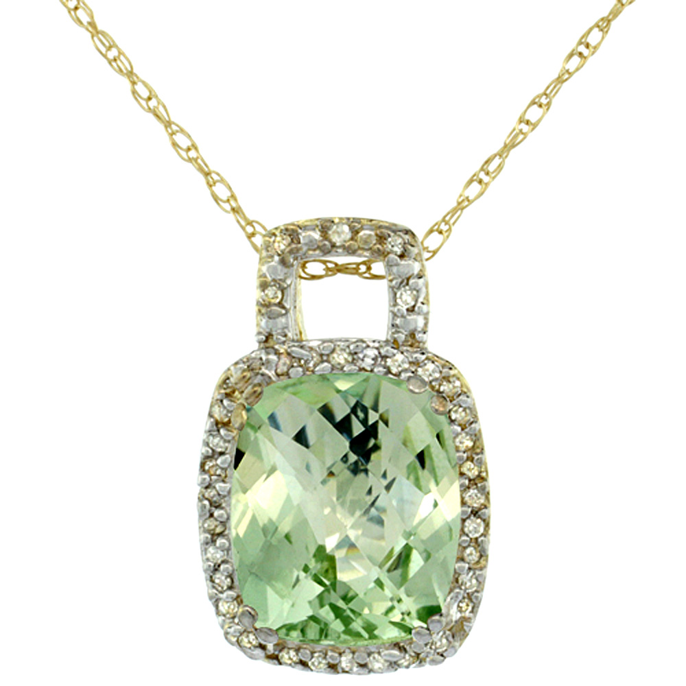 10K YELLOW GOLD NATURAL GREEN AMETHYST PENDANT OCTAGON CUSHION 10X8 MM & DIAMOND ACCENTS