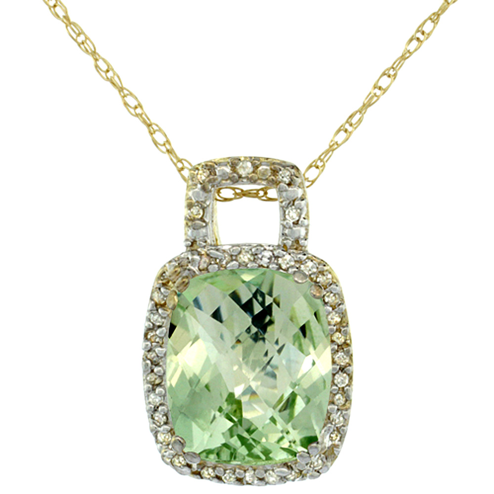 10K Yellow Gold Natural Green Amethyst Pendant Octagon Cushion 10x8 mm &amp; Diamond Accents