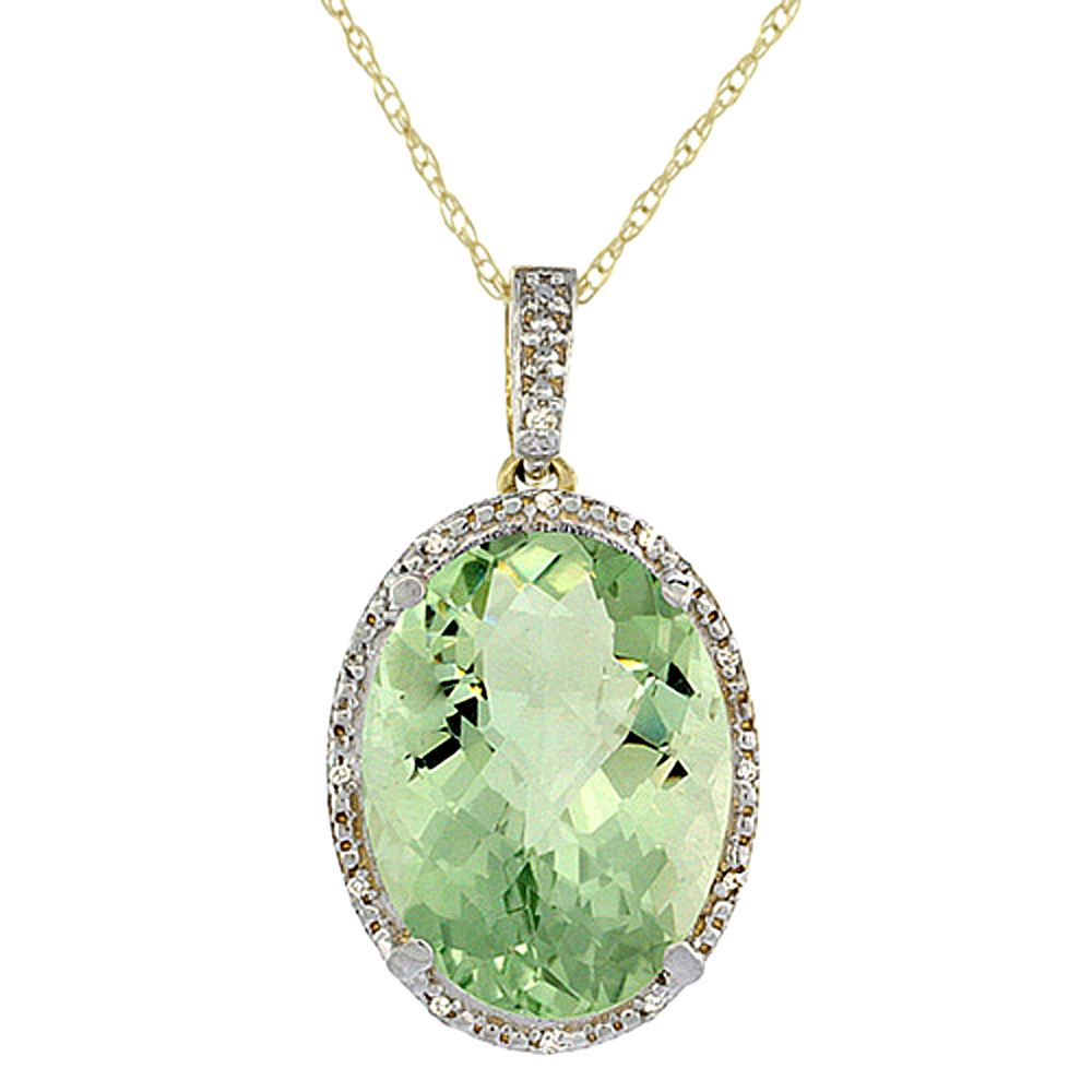 10K YELLOW GOLD DIAMOND NATURAL GREEN AMETHYST PENDANT OVAL 18X13 MM