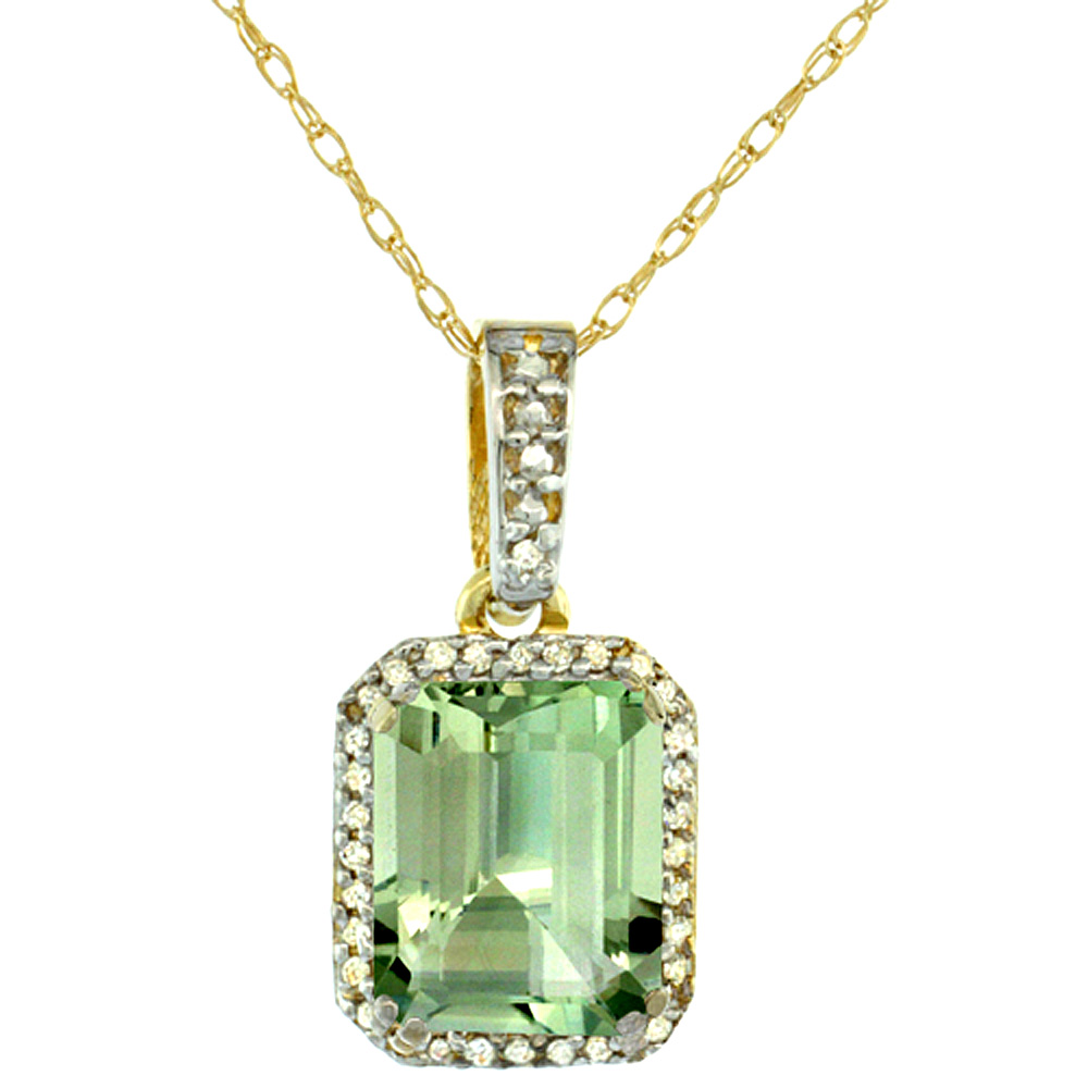 10K Yellow Gold Diamond Natural Green Amethyst Pendant Octagon 9x7 mm