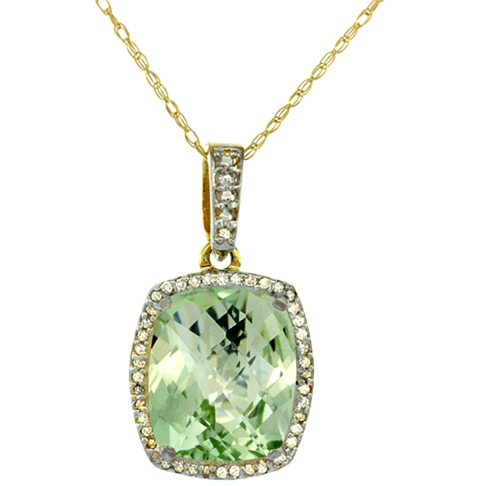 10K Yellow Gold Natural Green Amethyst Pendant Octagon Cushion 12x10 mm