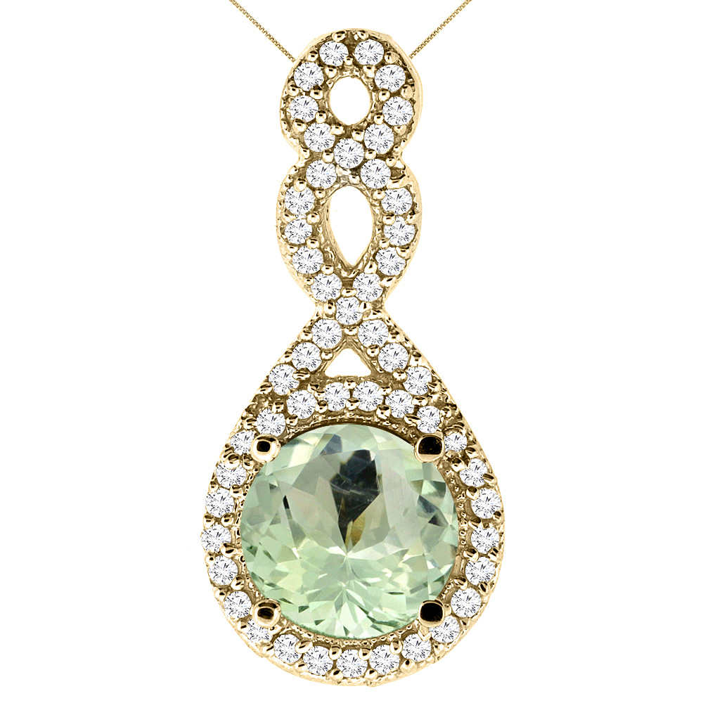 14K Yellow Gold Natural Green Amethyst Eternity Pendant Round 7x7mm with 18 inch Gold Chain