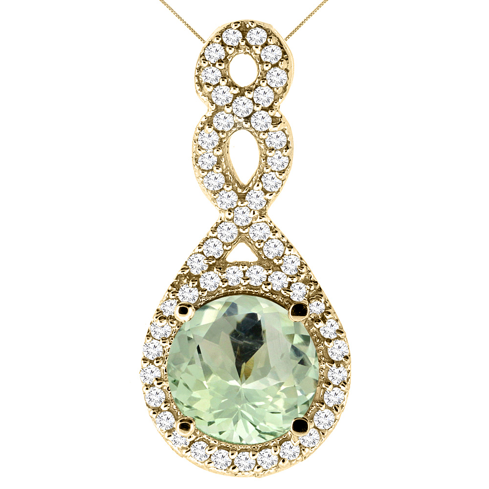 10K Yellow Gold Natural Green Amethyst Eternity Pendant Round 7x7mm with 18 inch Gold Chain