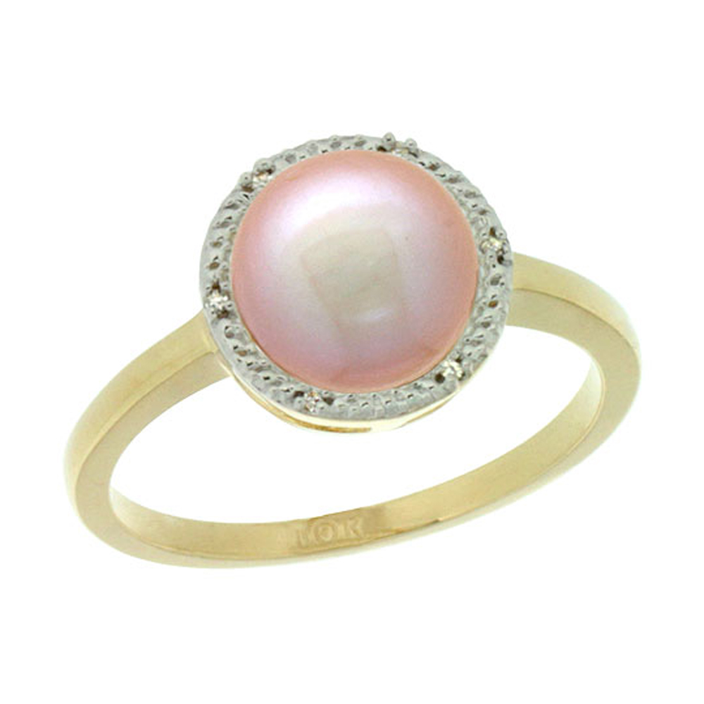 14k Gold Halo Engagement 8.5 mm Pink Pearl Ring w/ 0.022 Carat Brilliant Cut Diamonds, 7/16 in. (11mm) wide