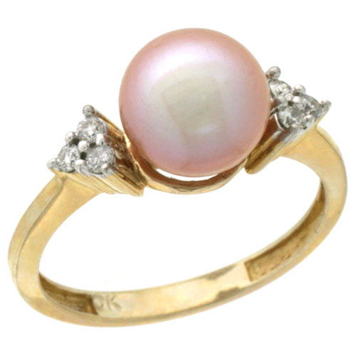 14k Gold 8.5 mm Pink Pearl Ring w/ 0.105 Carat Brilliant Cut Diamonds, 7/16 in. (11mm) wide