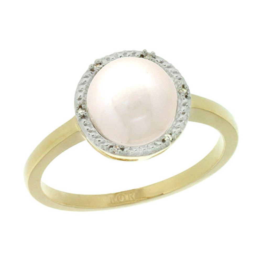 14k Gold Halo Engagement 8.5 mm White Pearl Ring w/ 0.022 Carat Brilliant Cut Diamonds, 7/16 in. (11mm) wide