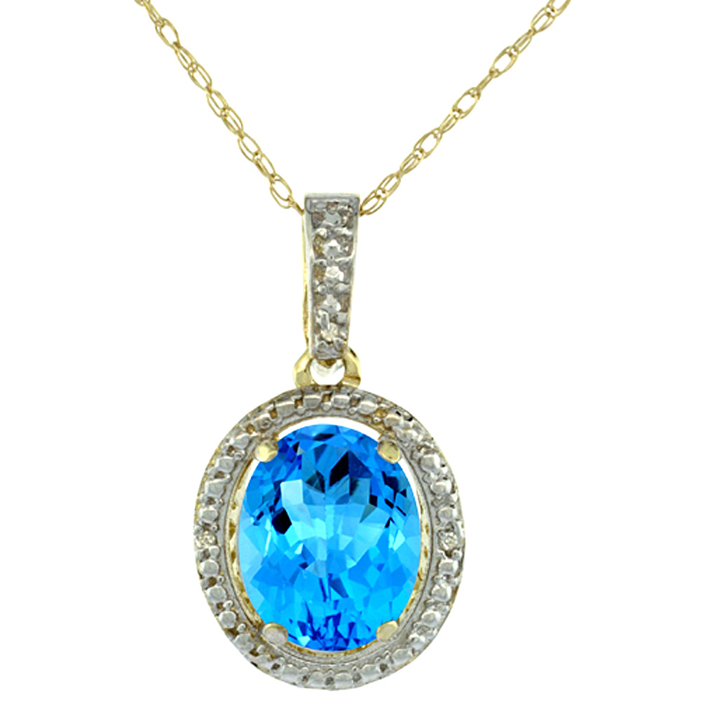 10K Yellow Gold 0.09 cttw Diamond Natural Swiss Blue Topaz Pendant Oval 10x8 mm