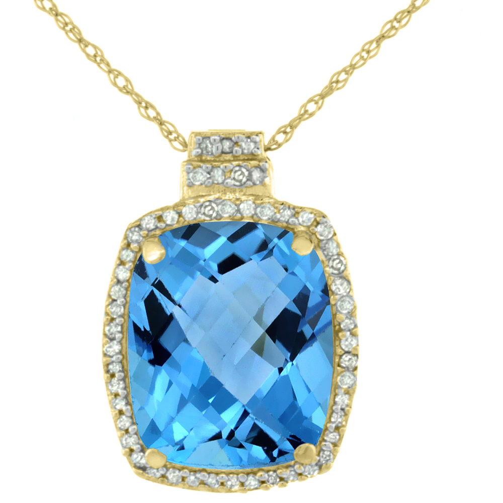 10K YELLOW GOLD 0.20 CTTW DIAMOND NATURAL SWISS BLUE TOPAZ PENDANT OCTAGON CUSHION 11X9 MM