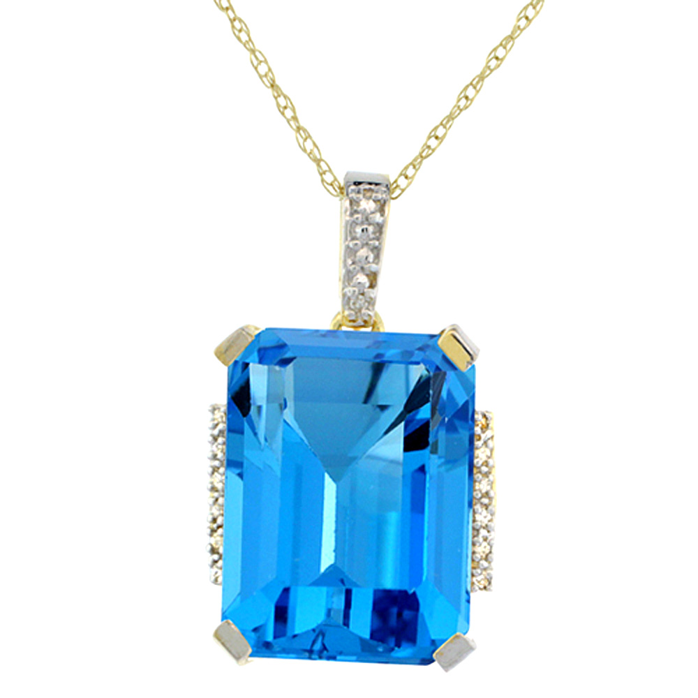 10K Yellow Gold Natural Swiss Blue Topaz Pendant Octagon 16x12 mm &amp; Diamond Accents