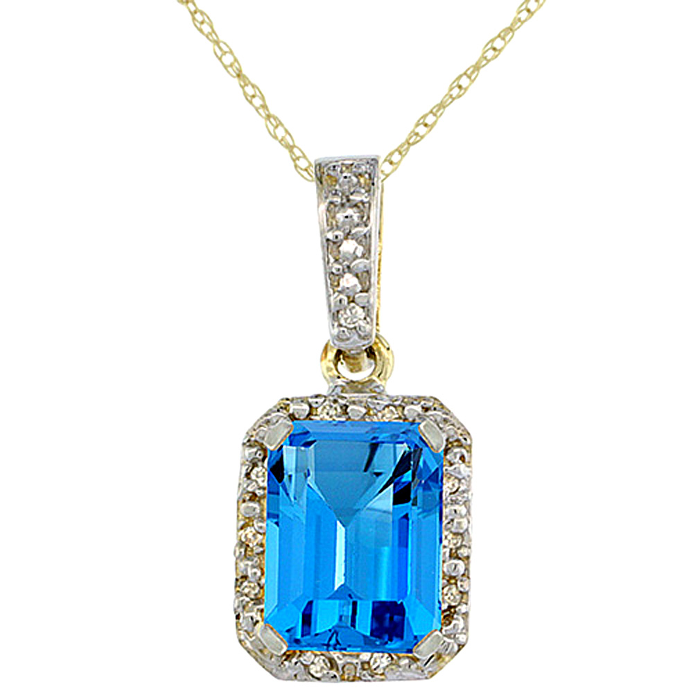 10K Yellow Gold Natural Swiss Blue Topaz Pendant Octagon 8x6 mm &amp; Diamond Accents