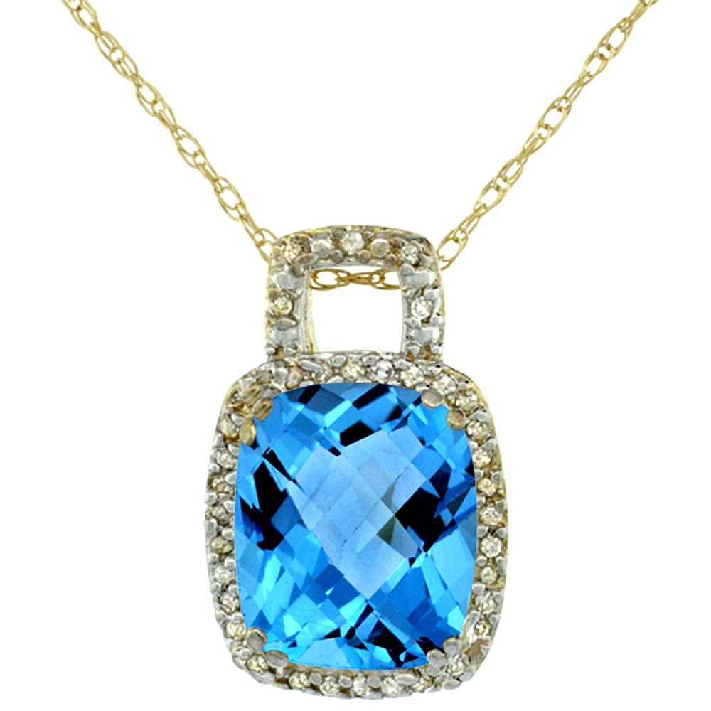 10K Yellow Gold Natural Swiss Blue Topaz Pendant Octagon Cushion 10x8 mm &amp; Diamond Accents