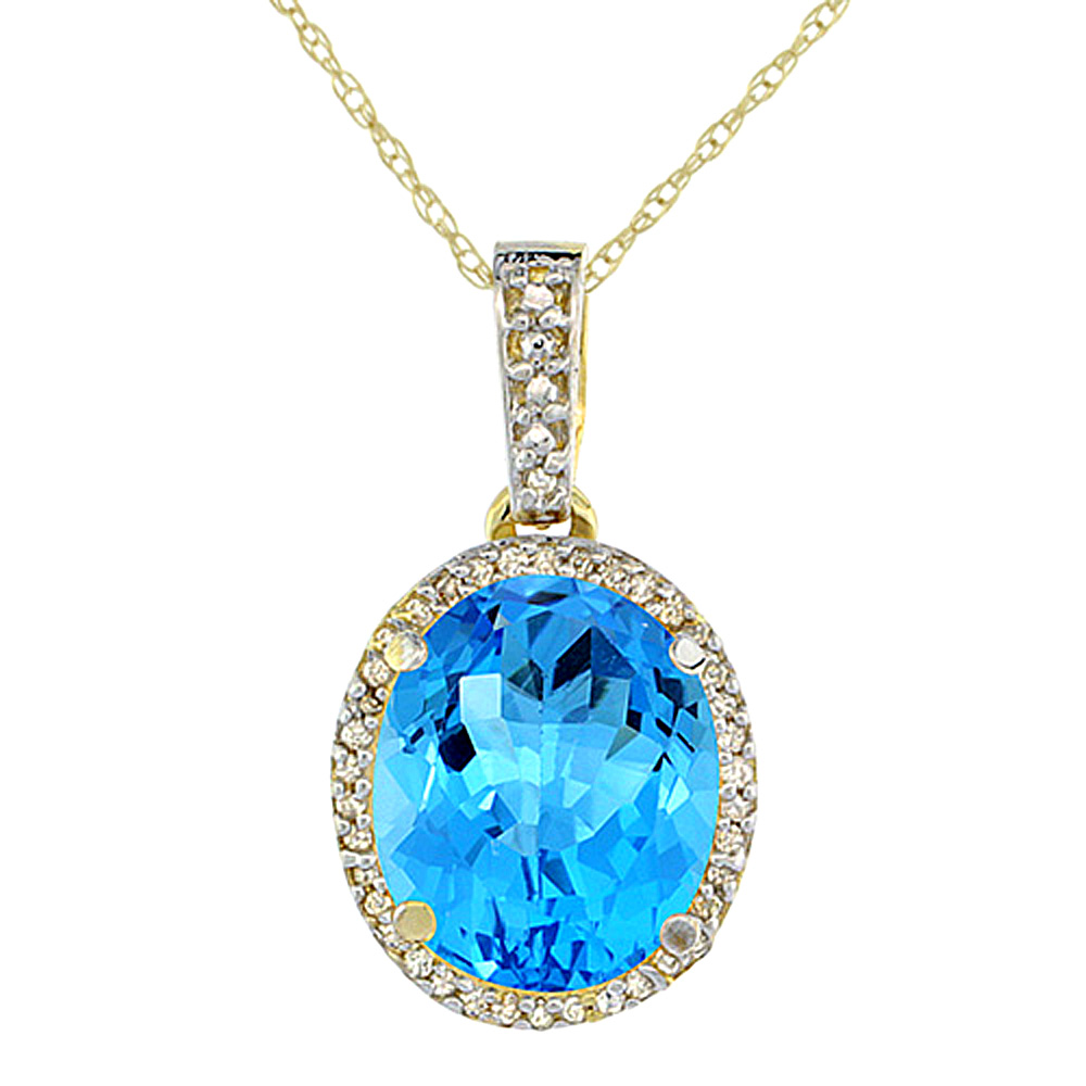 10K YELLOW GOLD NATURAL SWISS BLUE TOPAZ PENDANT OVAL 11X9 MM