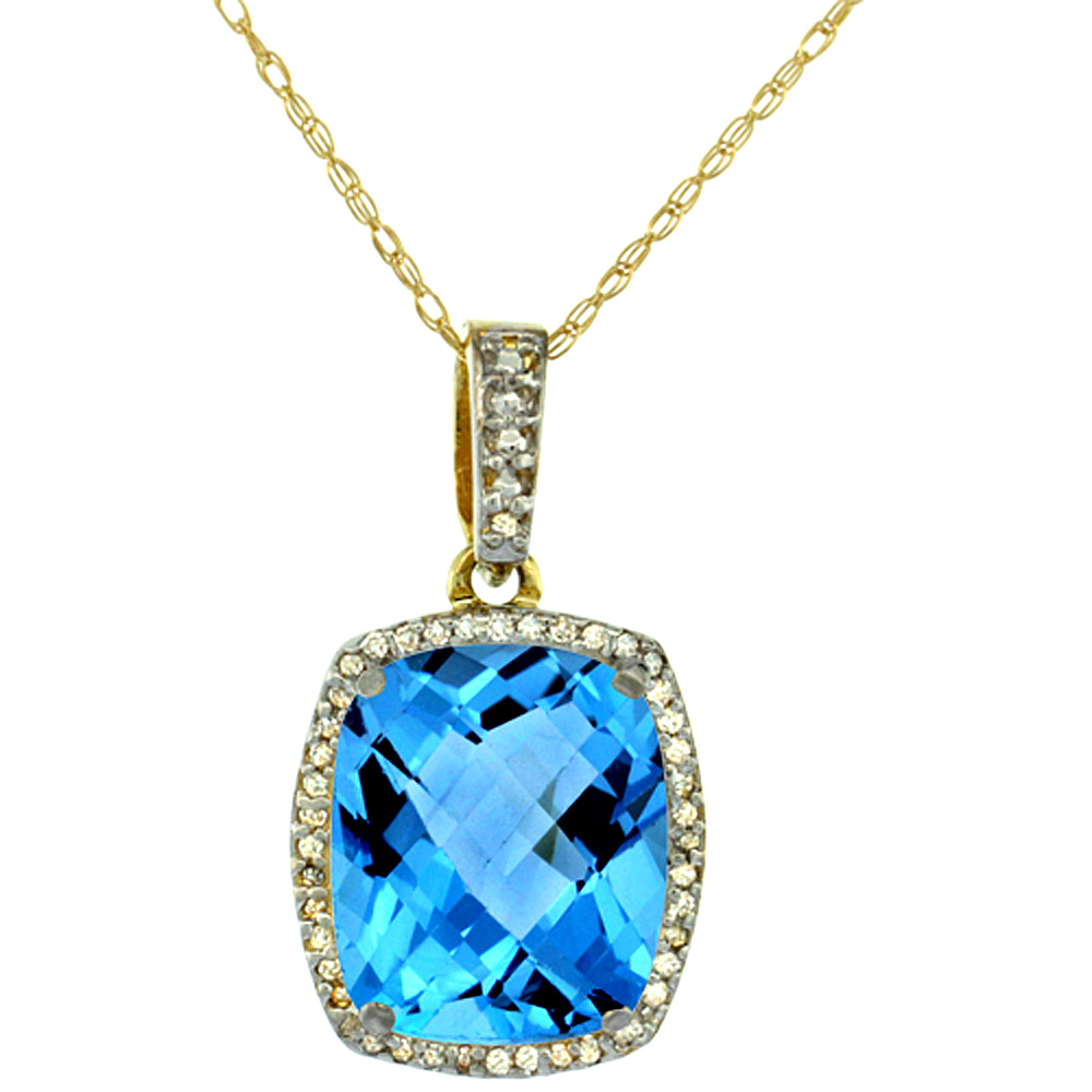 10K Yellow Gold Natural Swiss Blue Topaz Pendant Octagon Cushion 12x10 mm