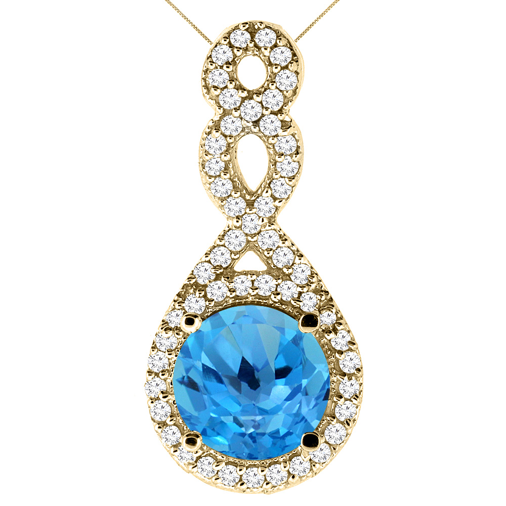 10K Yellow Gold Natural Swiss Blue Topaz Eternity Pendant Round 7x7mm with 18 inch Gold Chain