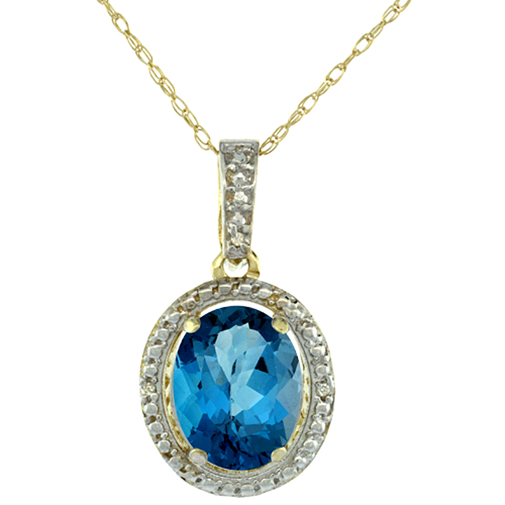 10K Yellow Gold 0.09 cttw Diamond Natural London Blue Topaz Pendant Oval 10x8 mm