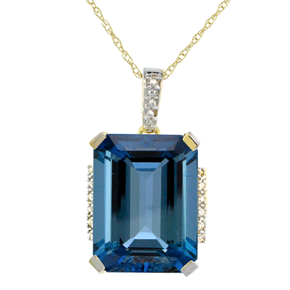 10K YELLOW GOLD NATURAL LONDON BLUE TOPAZ PENDANT OCTAGON 16X12 MM & DIAMOND ACCENTS
